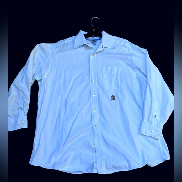 Vintage 90s Tommy Hilfiger Men Dress Shirt White Crest Logo Size 171/2-34 B&T - Picture 1 of 16